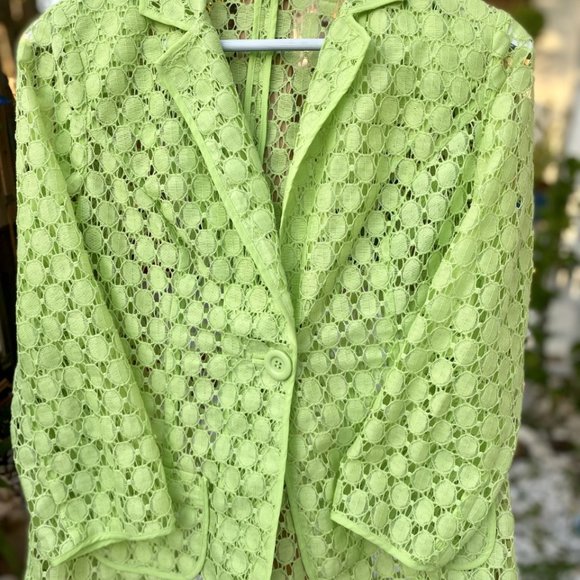 Chico's Jacket Lime Green Lace Cut Out Sheer Button Up 3/4 Sleeves - Picture 16 of 16